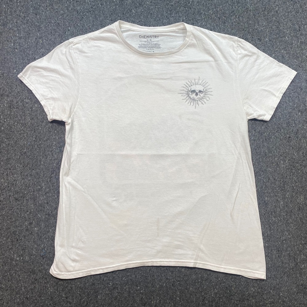 Chemistry‎ Skull Sun TShirt Sz L Mens White Grunge Psychedelic Back Graphic Tee